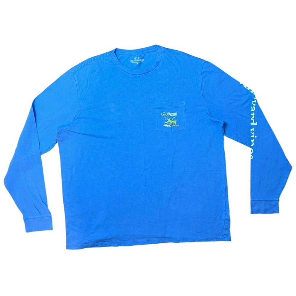 Vineyard Vines"Palm Skis"‎ Long Sleeve Mens Blue Logo Pocket Tee Shirt Sz XL